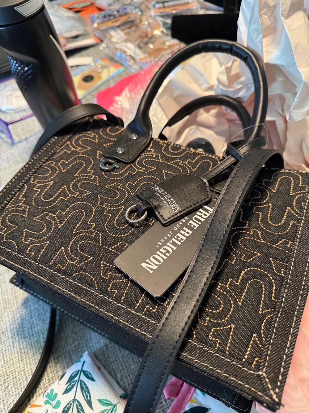 True Religion Black denim Tote with Contrast Stitch Pattern - Picture 10 of 12